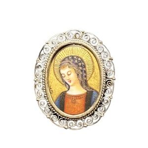 Hand Painted Portrait of Mary- Silver Filigree Setting